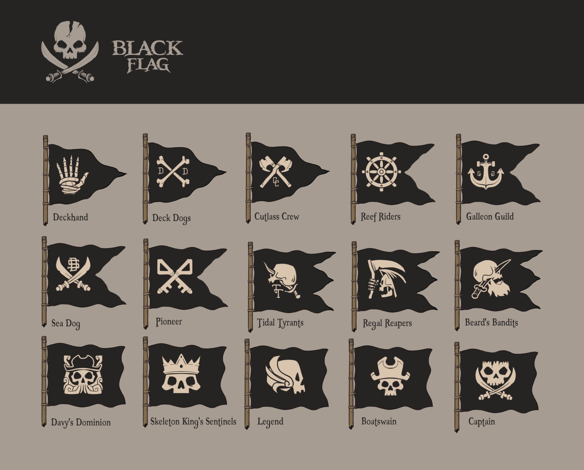 The fifteen Black Flag crew flags