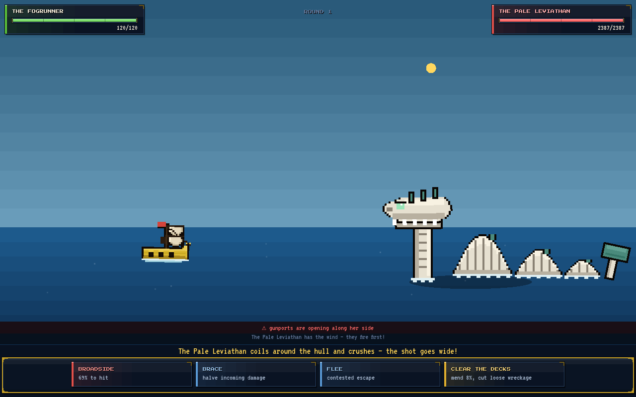 A sea battle against The Pale Leviathan, a giant sea serpent