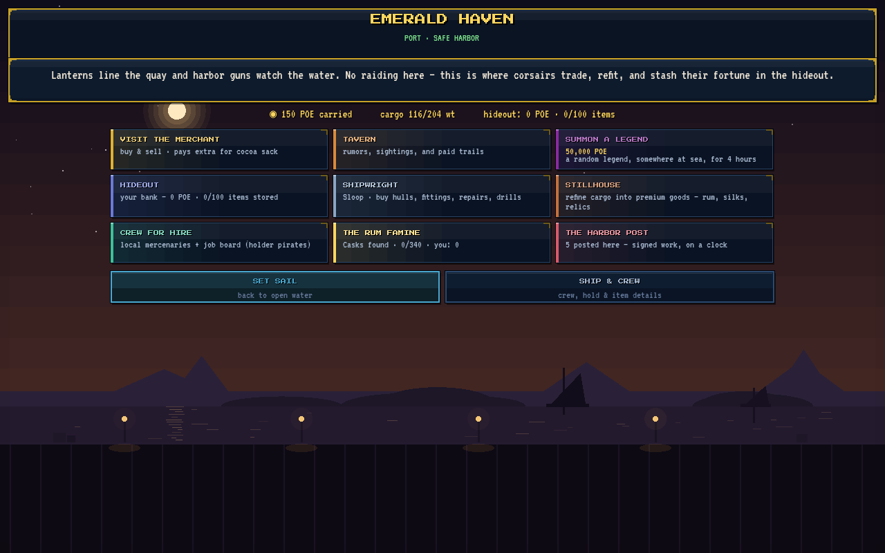 The Emerald Haven port screen: merchant, tavern, hideout, shipwright, stillhouse, crew for hire and harbor post
