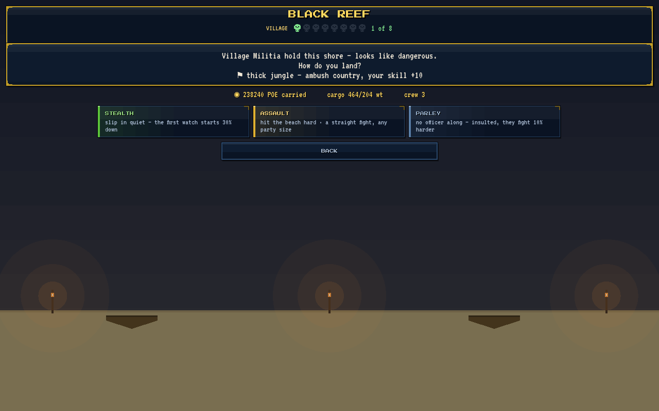 Choosing how to land on a raided island: stealth, assault or parley
