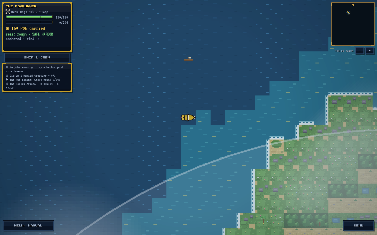 Corsairs of Cardano: a sloop at sea beside an island, with the ship panel, jobs list and minimap