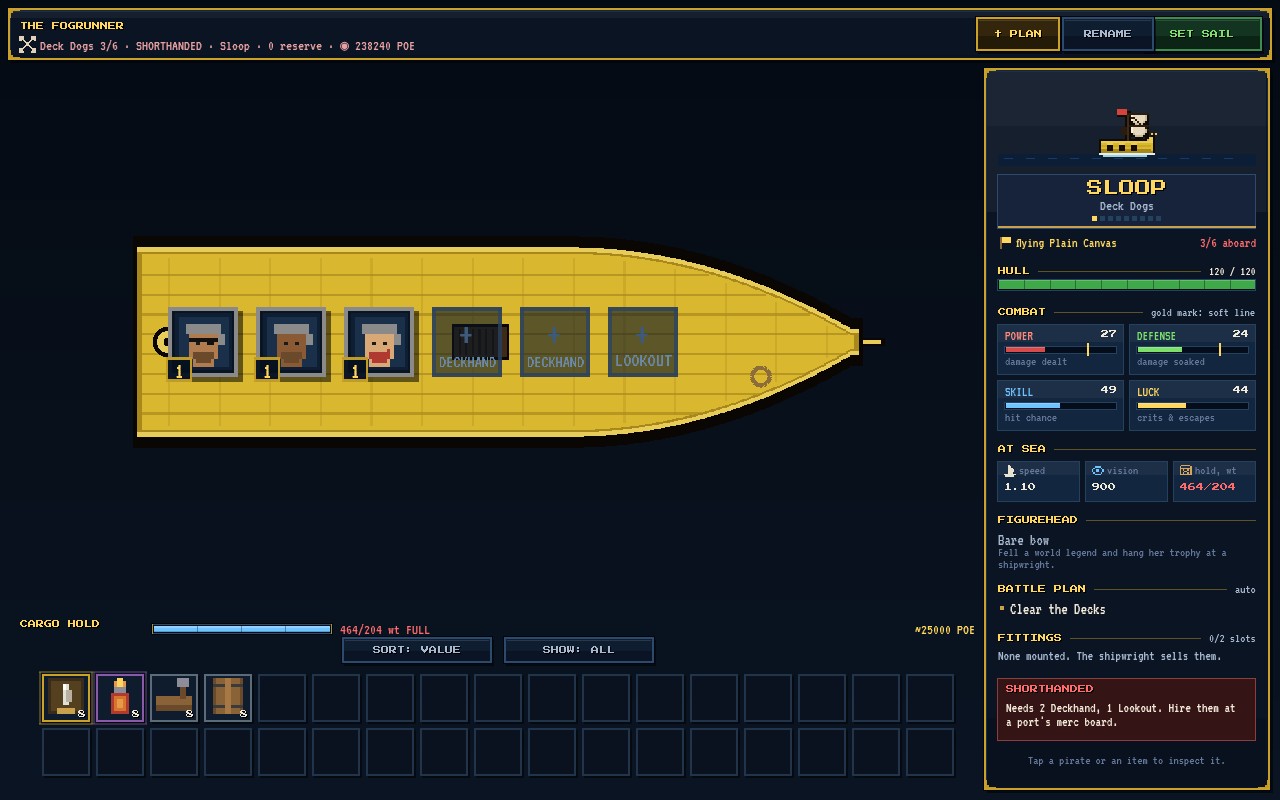 The Ship and Crew screen: pirates at their posts on the deck, ship stats and cargo hold