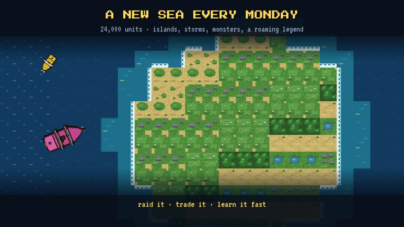 A new sea every Monday: a pixel-art island with ships sailing past